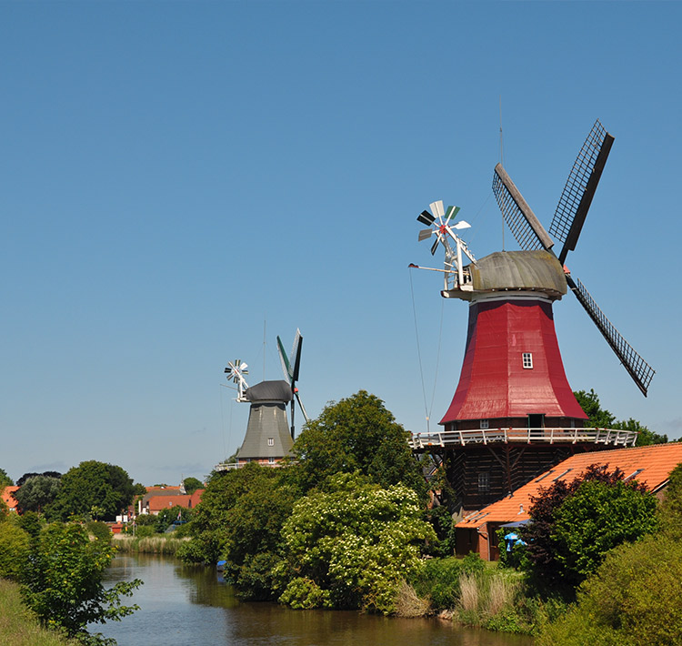 Zwei Windmühlen stehen zwischen Bäumen an einem Fluss.
